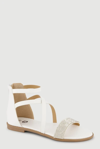 Girls Rhinestone Band Strappy Zip Back Sandals