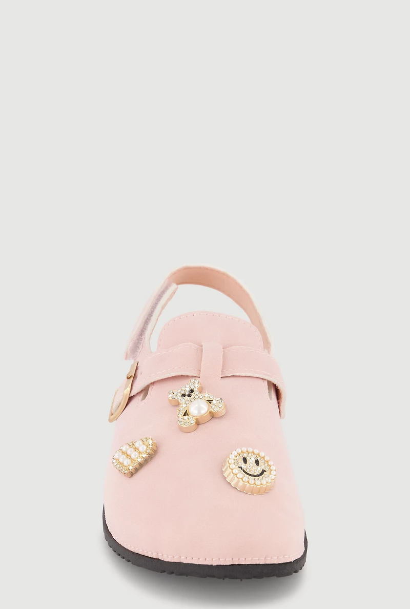 Girls Rhinestone Charm Velcro Strap Clogs
