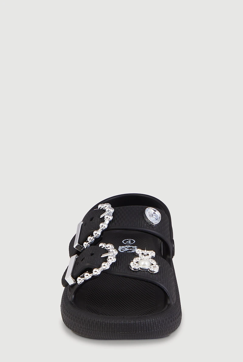 Girls Beaded Buckle Rhinestone Detail Double Band Sandals