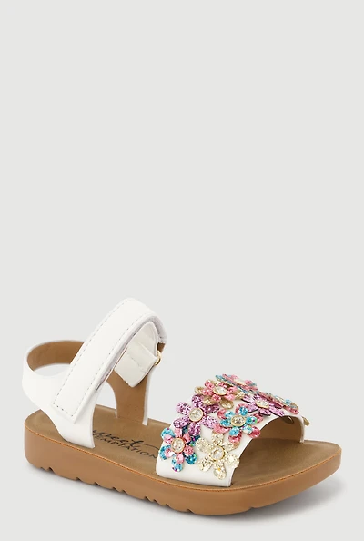 Toddler Girls Glittery Rhinestone Floral Detail Velcro Ankle Strap Sandals