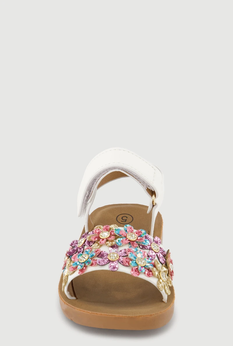 Toddler Girls Glittery Rhinestone Floral Detail Velcro Ankle Strap Sandals
