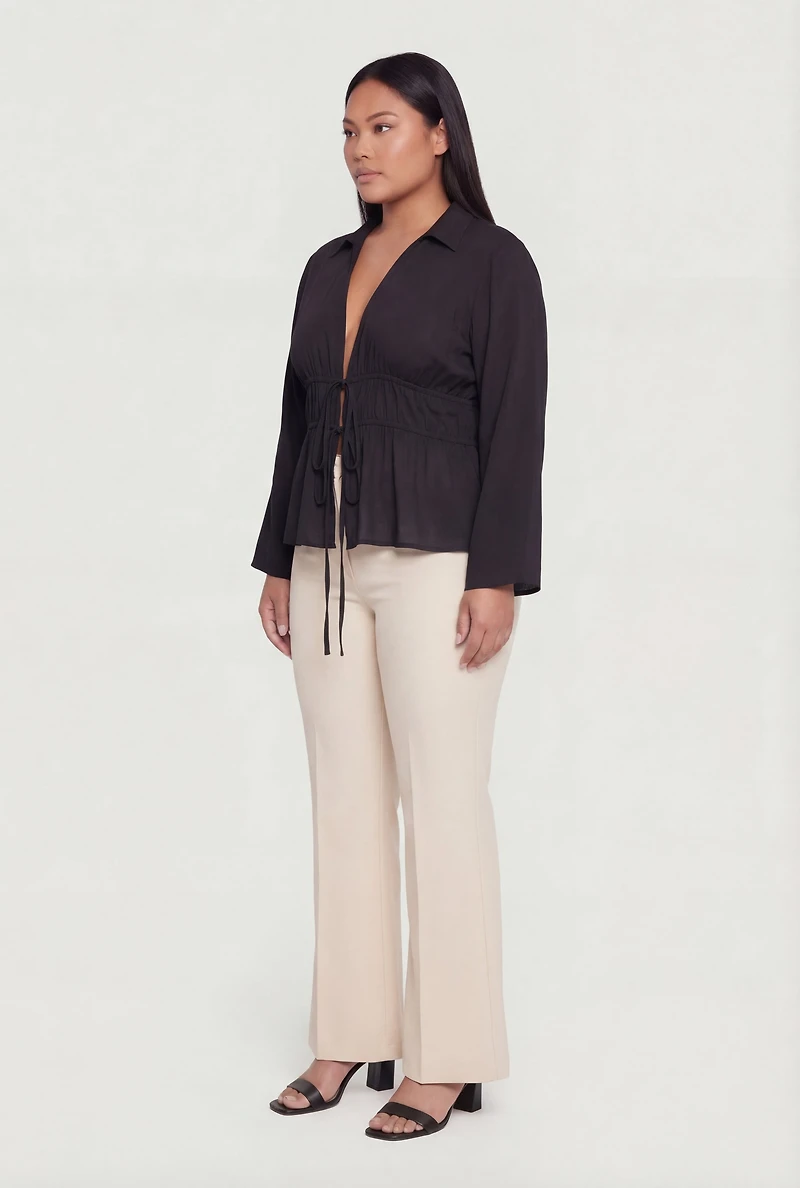 Plus Double Tie Front Collared Long Sleeve Blouse