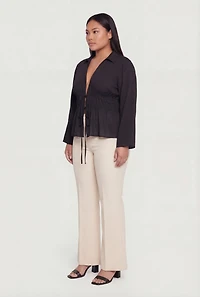 Plus Double Tie Front Collared Long Sleeve Blouse