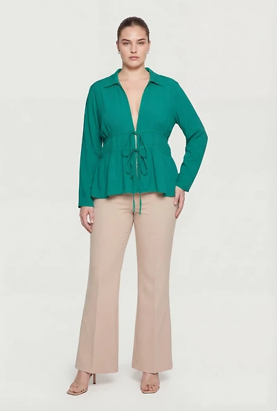 Plus Double Tie Front Collared Long Sleeve Blouse