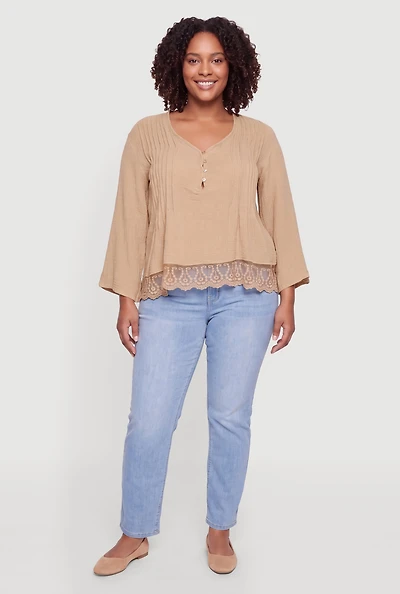 Plus Crochet Trim Long Sleeve Pleated Blouse