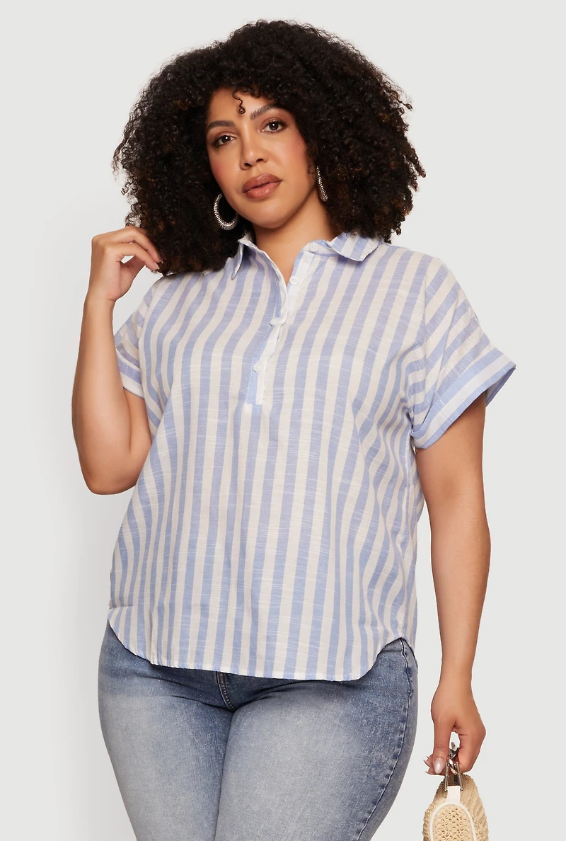 Plus Striped Gauze Knit Blouse