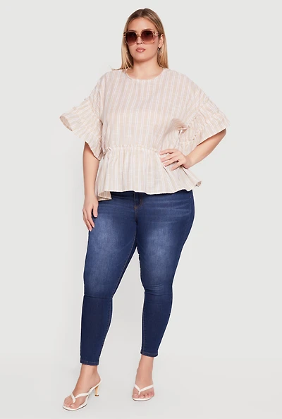 Plus Pinstripe Peplum Blouse with Ruffle Tiered Sleeves