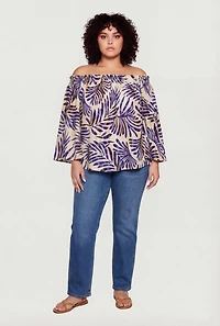 Plus Leaf Print Off The Shoulder Blouse