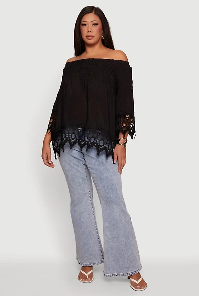 Plus Off The Shoulder Crochet Detail Smocked Blouse