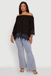 Plus Off The Shoulder Crochet Detail Smocked Blouse