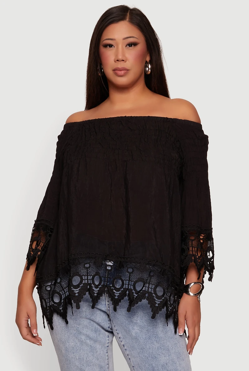 Plus Off The Shoulder Crochet Detail Smocked Blouse