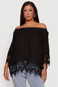 Plus Off The Shoulder Crochet Detail Smocked Blouse