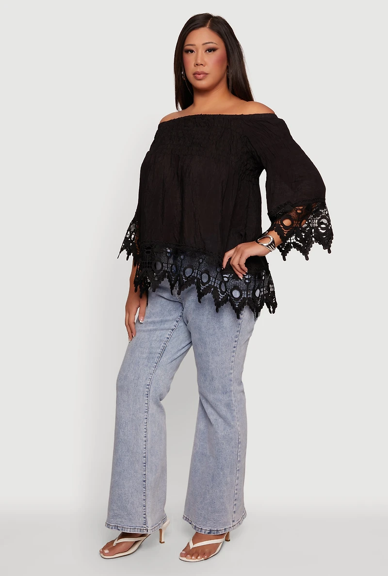 Plus Off The Shoulder Crochet Detail Smocked Blouse