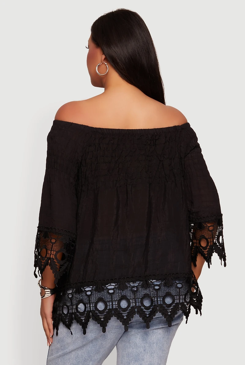 Plus Off The Shoulder Crochet Detail Smocked Blouse
