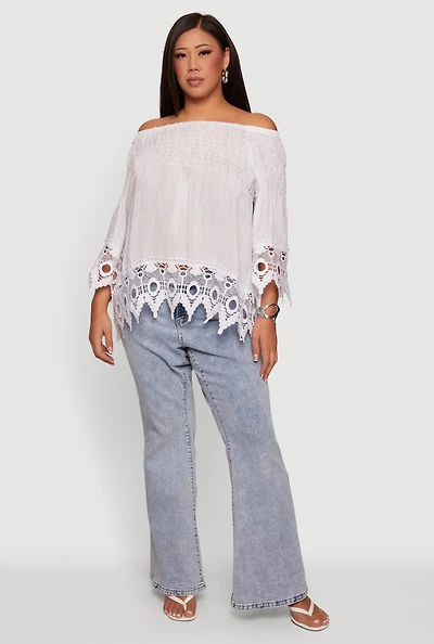 Plus Off The Shoulder Crochet Detail Smocked Blouse