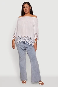 Plus Off The Shoulder Crochet Detail Smocked Blouse