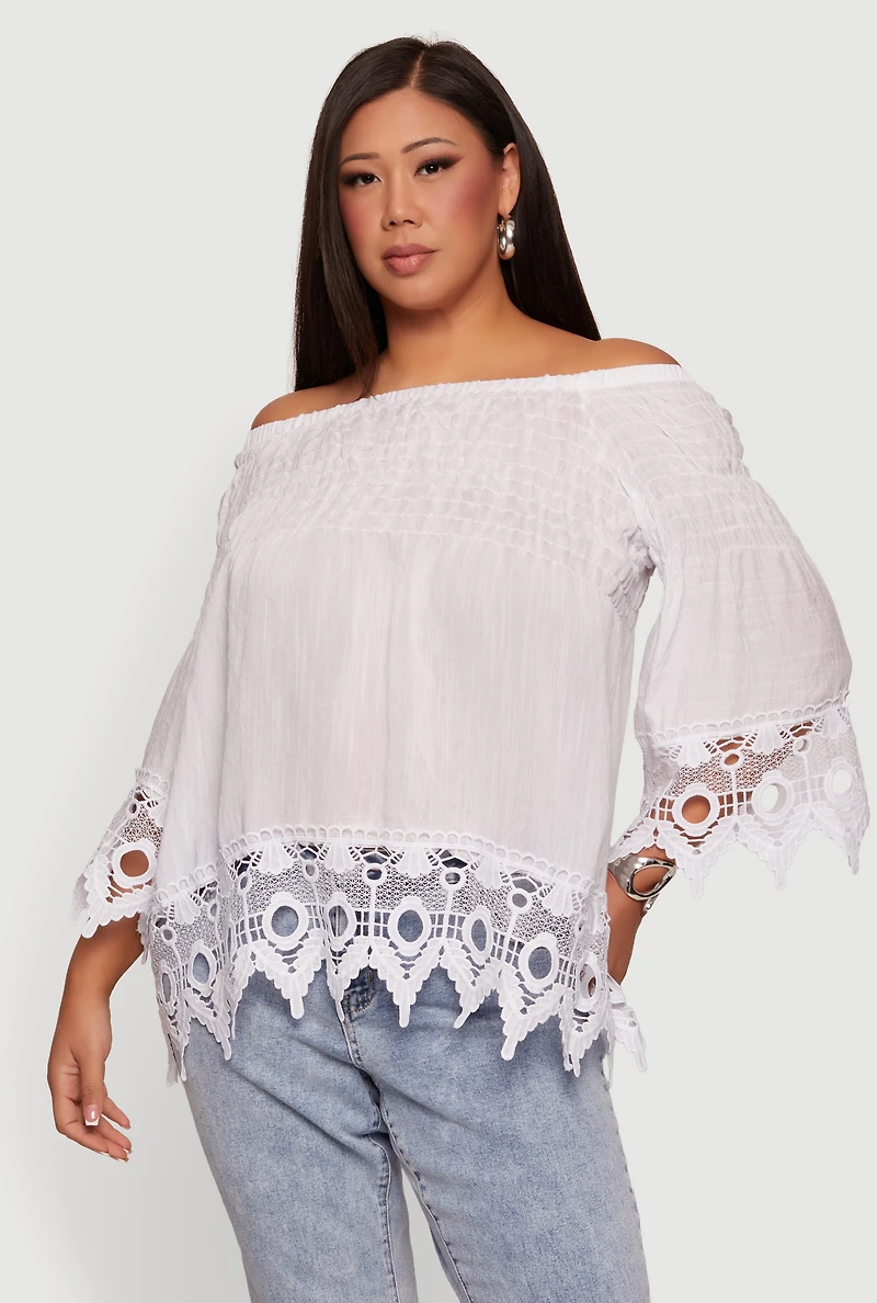 Plus Off The Shoulder Crochet Detail Smocked Blouse
