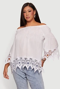 Plus Off The Shoulder Crochet Detail Smocked Blouse
