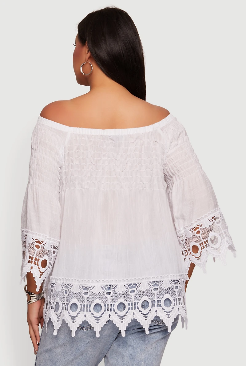 Plus Off The Shoulder Crochet Detail Smocked Blouse