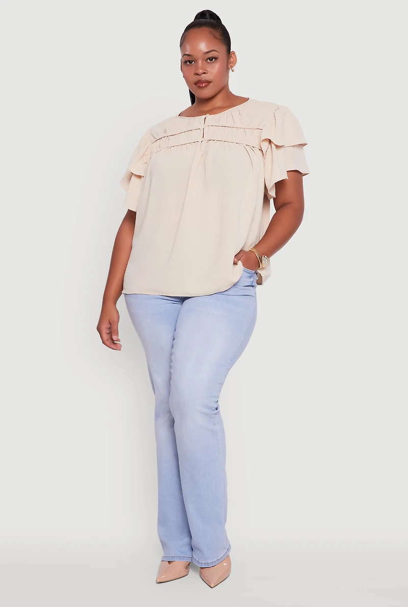 Womens Plus Size Crepe Knit Peasant Blouse, Beige, Size 3X