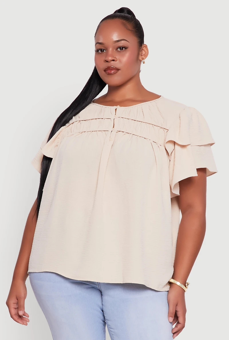 Womens Plus Crepe Knit Peasant Blouse,