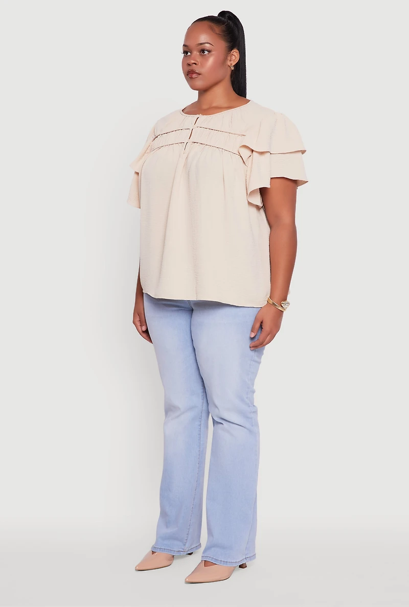 Womens Plus Size Crepe Knit Peasant Blouse, Beige, Size 3X