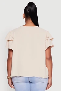 Womens Plus Size Crepe Knit Peasant Blouse, Beige, Size 3X