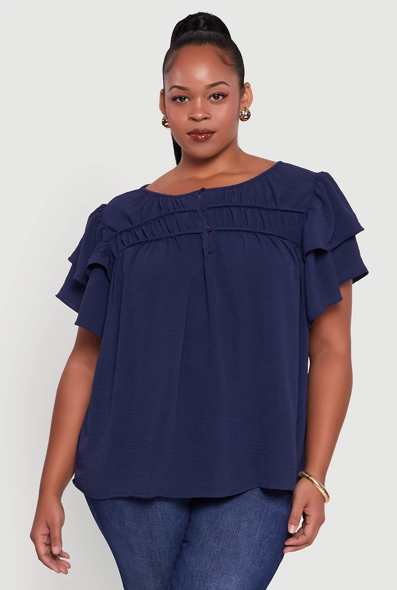 Womens Plus Size Crepe Knit Peasant Blouse, Blue, Size 1X