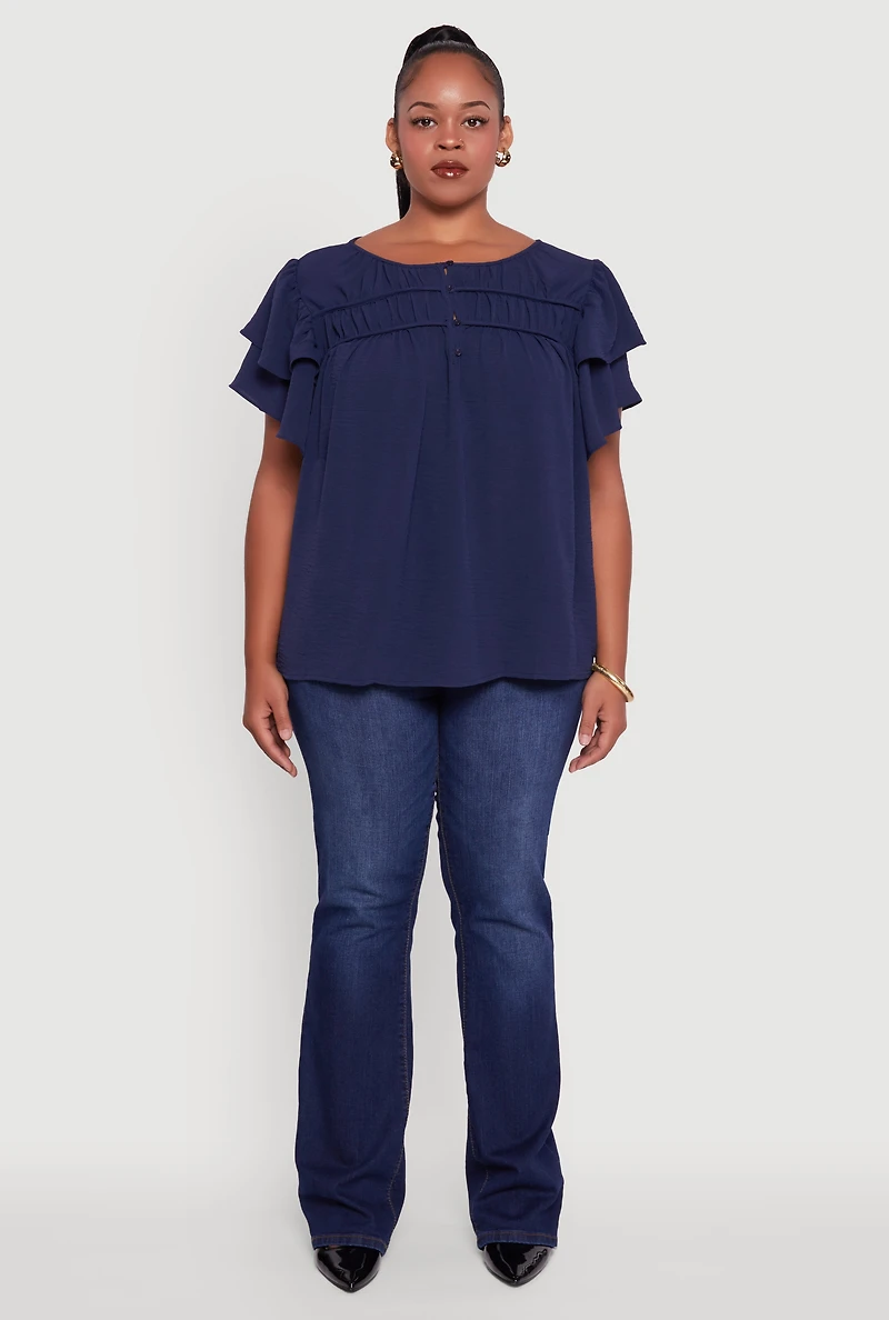 Womens Plus Size Crepe Knit Peasant Blouse, Blue, Size 1X