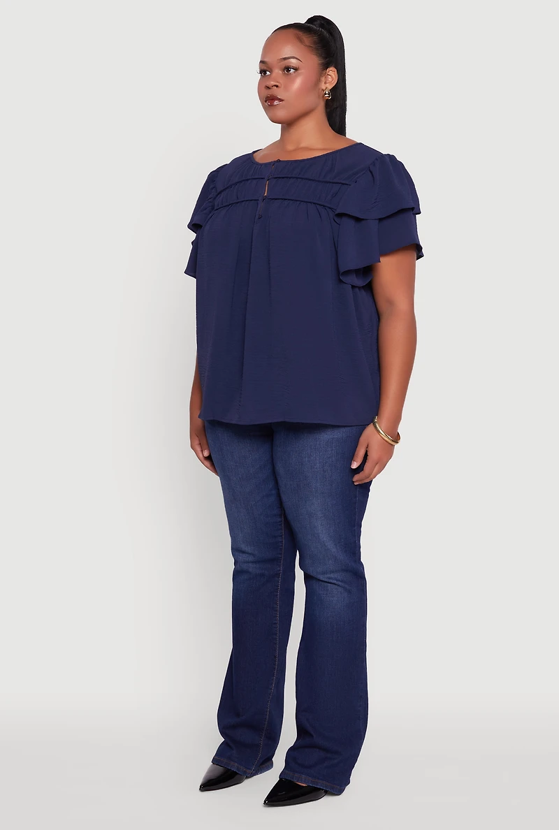 Womens Plus Size Crepe Knit Peasant Blouse, Blue, Size 1X
