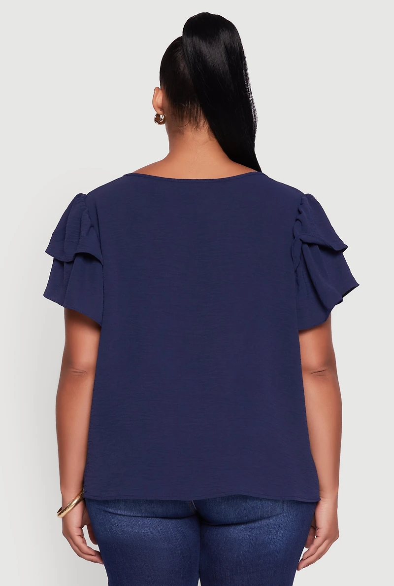 Womens Plus Size Crepe Knit Peasant Blouse, Blue, Size 1X