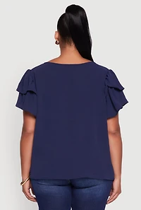 Womens Plus Size Crepe Knit Peasant Blouse, Blue, Size 1X