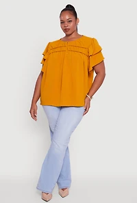 Womens Plus Size Crepe Knit Peasant Blouse, Orange, Size 2X