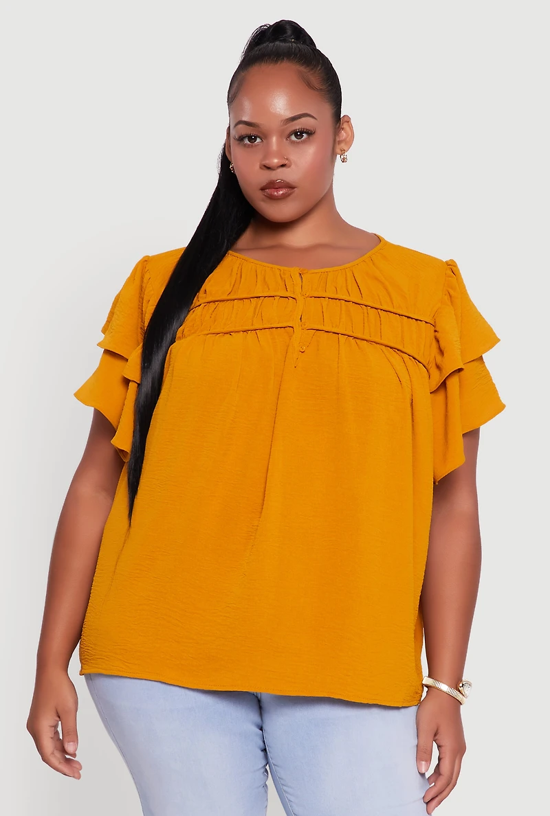 Womens Plus Size Crepe Knit Peasant Blouse, Orange, Size 2X