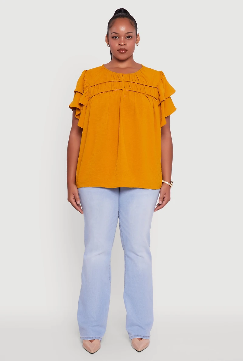 Womens Plus Size Crepe Knit Peasant Blouse, Orange, Size 2X