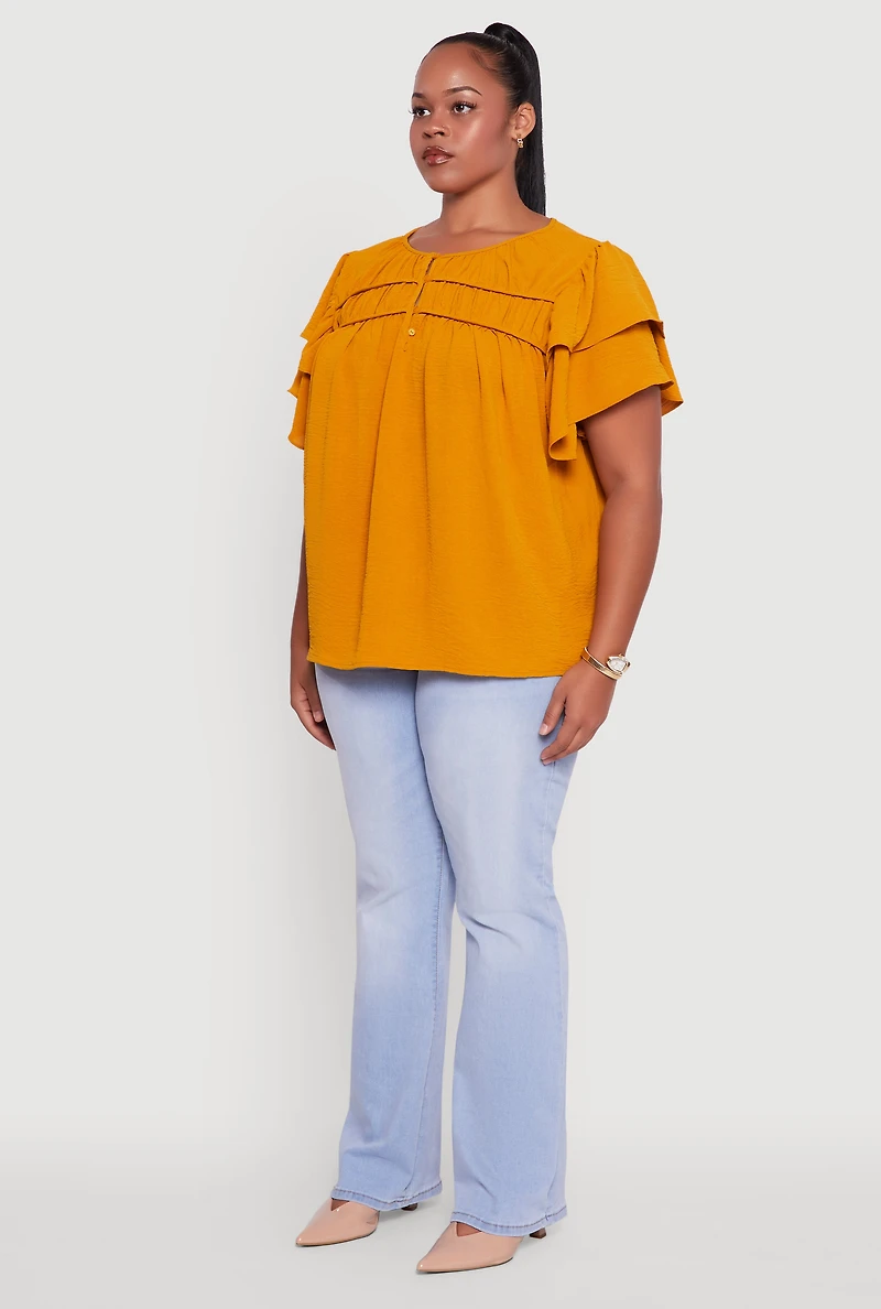 Womens Plus Size Crepe Knit Peasant Blouse, Orange, Size 2X