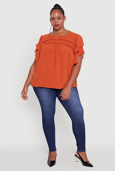 Womens Plus Size Crepe Knit Peasant Blouse, Orange, Size 3X