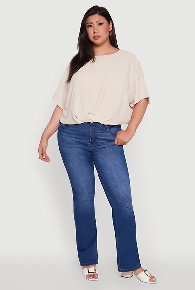 Womens Plus Crepe Knit Gathered Hem Dolman Sleeve Blouse, 3X
