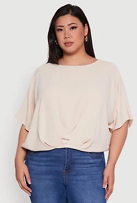 Womens Plus Size Crepe Knit Gathered Hem Dolman Sleeve Blouse, Beige, Size 2X