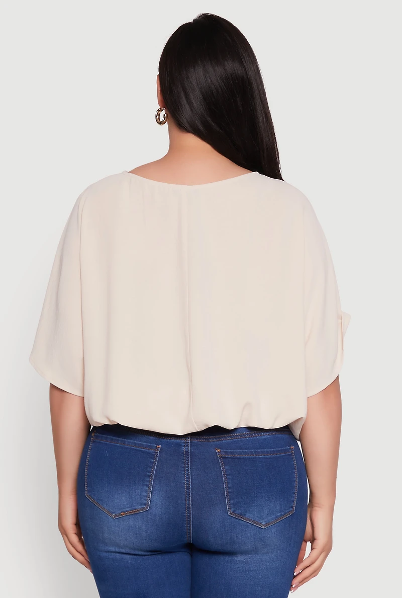 Womens Plus Size Crepe Knit Gathered Hem Dolman Sleeve Blouse, Beige, Size 3X