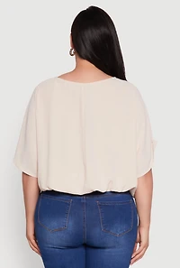 Womens Plus Crepe Knit Gathered Hem Dolman Sleeve Blouse,