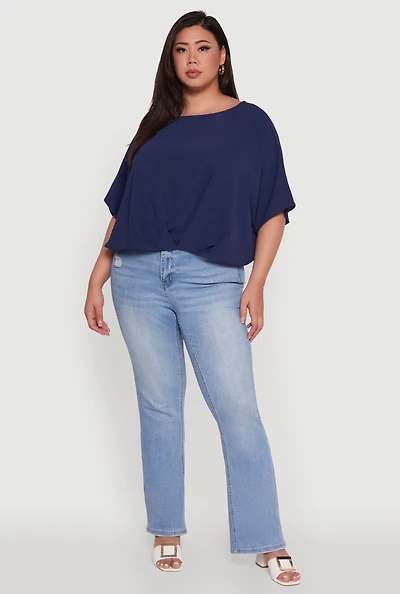 Womens Plus Crepe Knit Gathered Hem Dolman Sleeve Blouse,