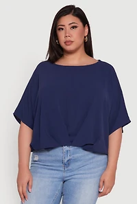 Womens Plus Size Crepe Knit Gathered Hem Dolman Sleeve Blouse, Blue, Size 3X