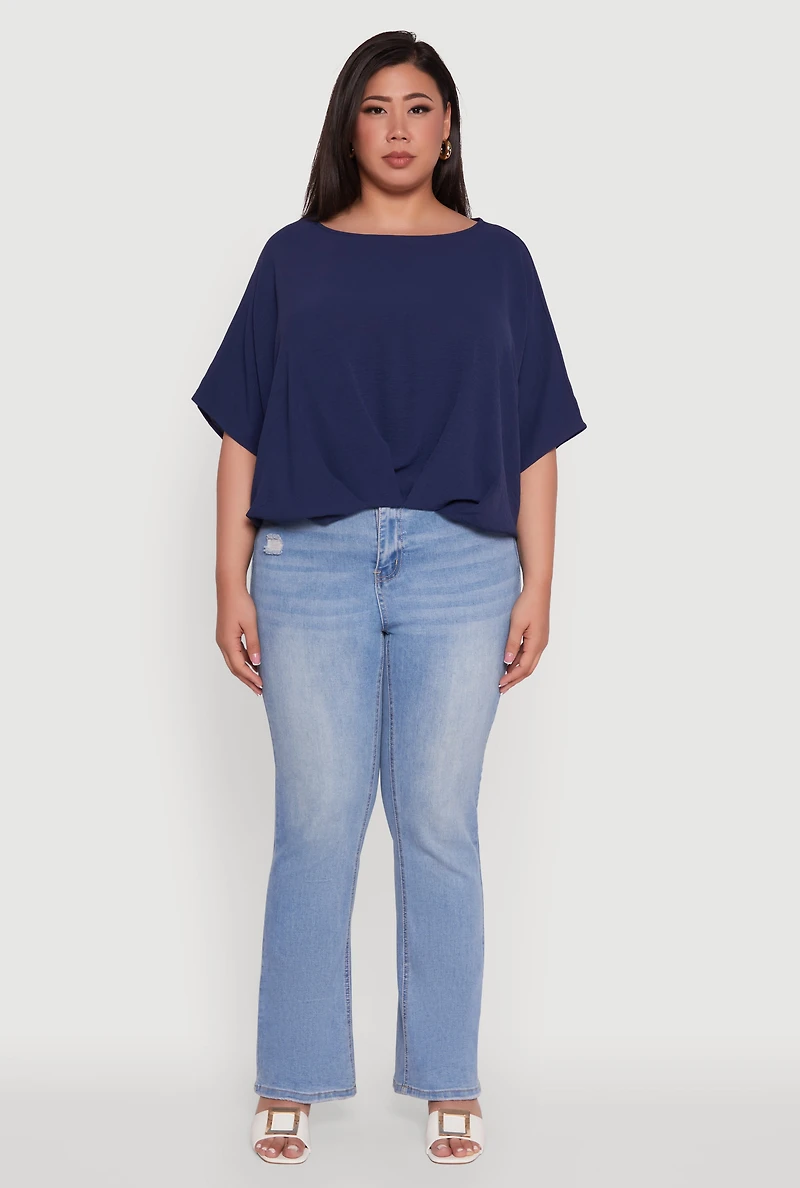 Womens Plus Size Crepe Knit Gathered Hem Dolman Sleeve Blouse, Blue, Size 3X