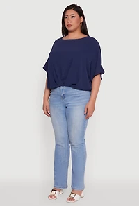 Womens Plus Size Crepe Knit Gathered Hem Dolman Sleeve Blouse, Blue, Size 2X