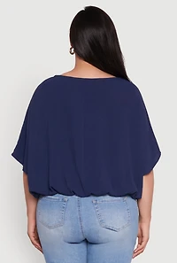 Womens Plus Size Crepe Knit Gathered Hem Dolman Sleeve Blouse, Blue, Size 2X