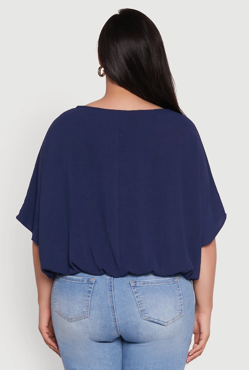 Womens Plus Size Crepe Knit Gathered Hem Dolman Sleeve Blouse, Blue, Size 1X