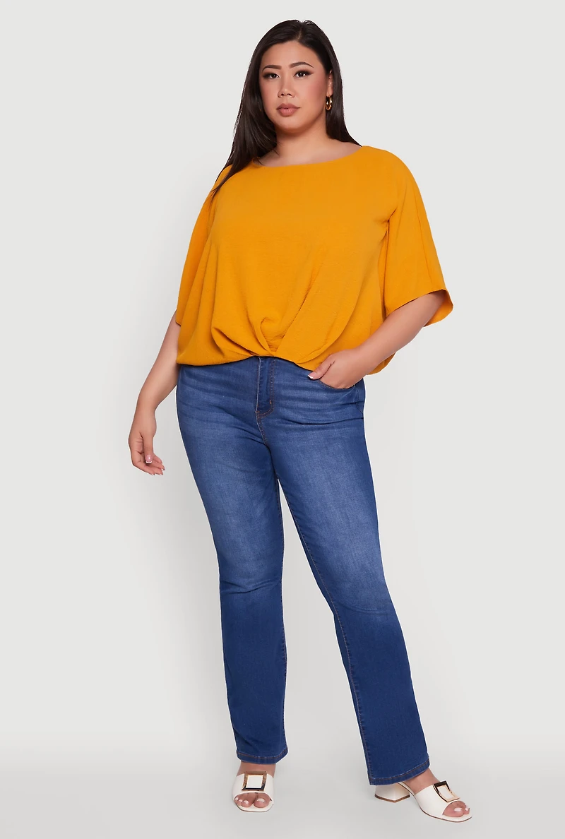 Womens Plus Size Crepe Knit Gathered Hem Dolman Sleeve Blouse, Yellow, Size 1X