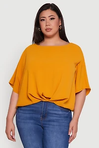 Womens Plus Size Crepe Knit Gathered Hem Dolman Sleeve Blouse, Yellow, Size 1X