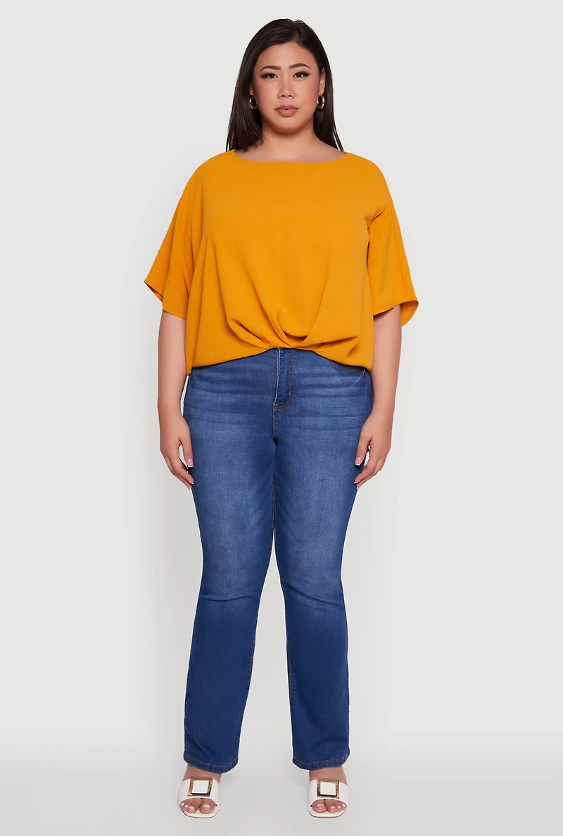 Womens Plus Size Crepe Knit Gathered Hem Dolman Sleeve Blouse, Yellow, Size 1X